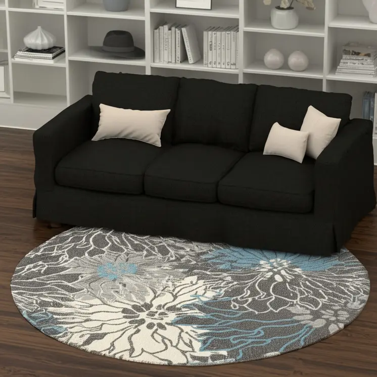 8' Blue And Gray Floral Round Rug