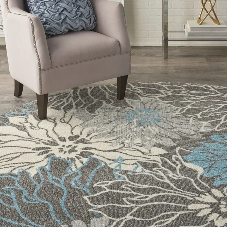 8' Blue And Gray Floral Round Rug