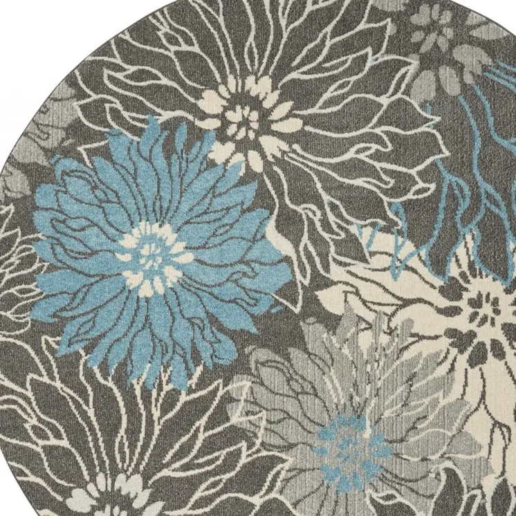 8' Blue And Gray Floral Round Rug