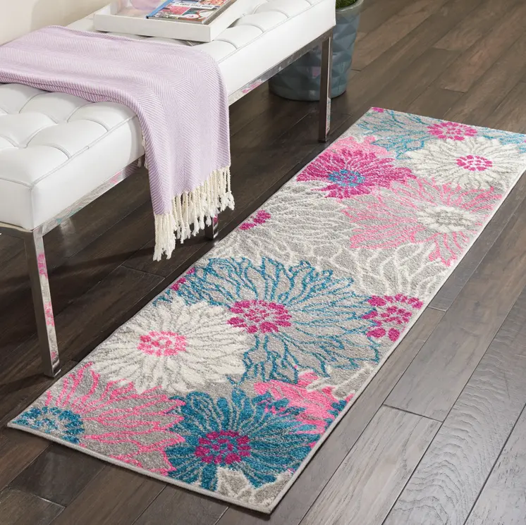 6' Gray And Pink Floral Runner Rug