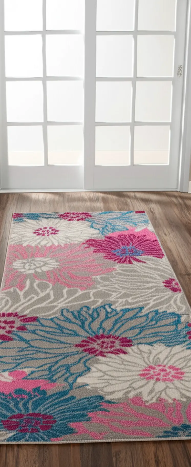 6' Gray And Pink Floral Runner Rug