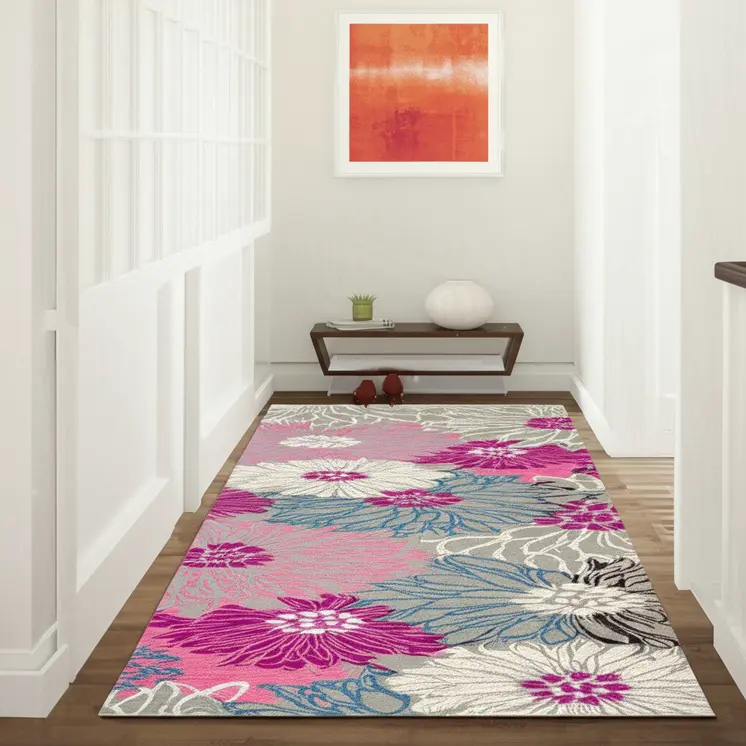 10' Gray And Pink Floral Runner Rug