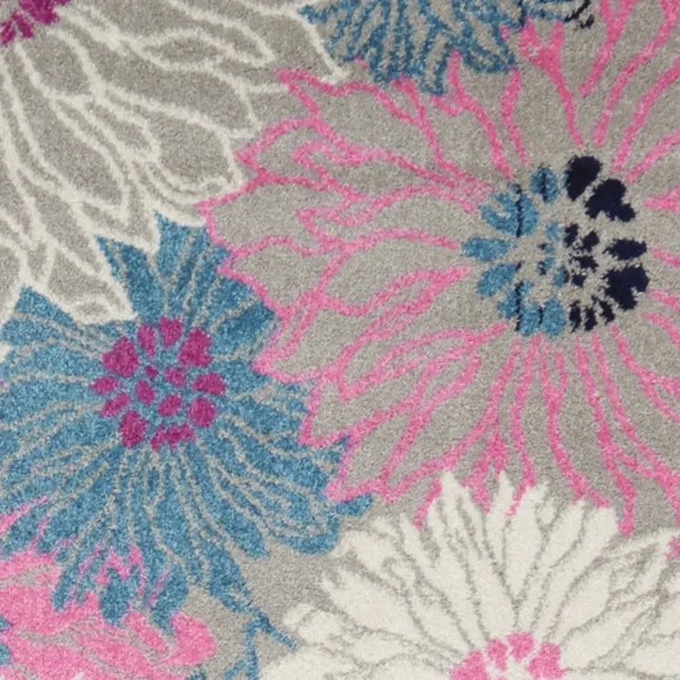 10' Gray And Pink Floral Runner Rug