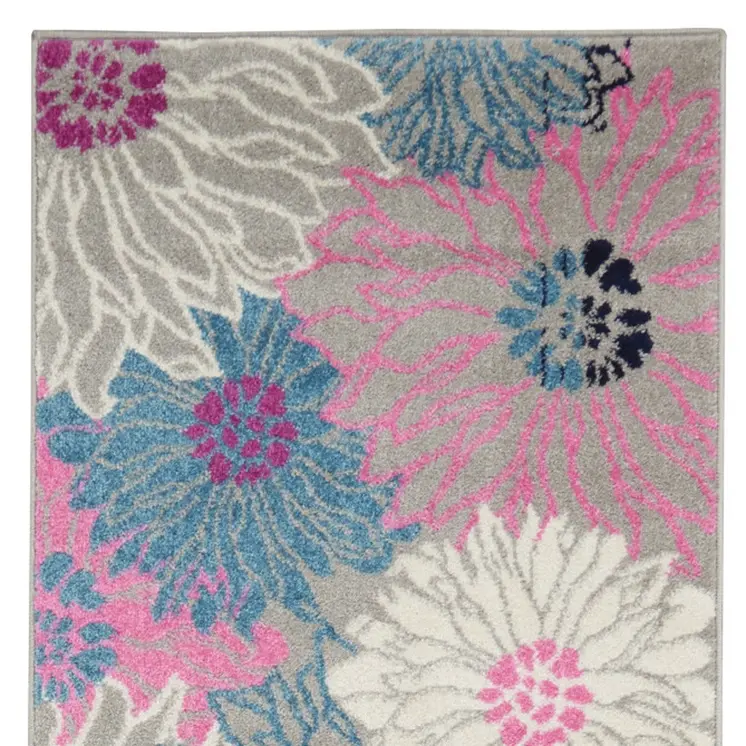 10' Gray And Pink Floral Runner Rug
