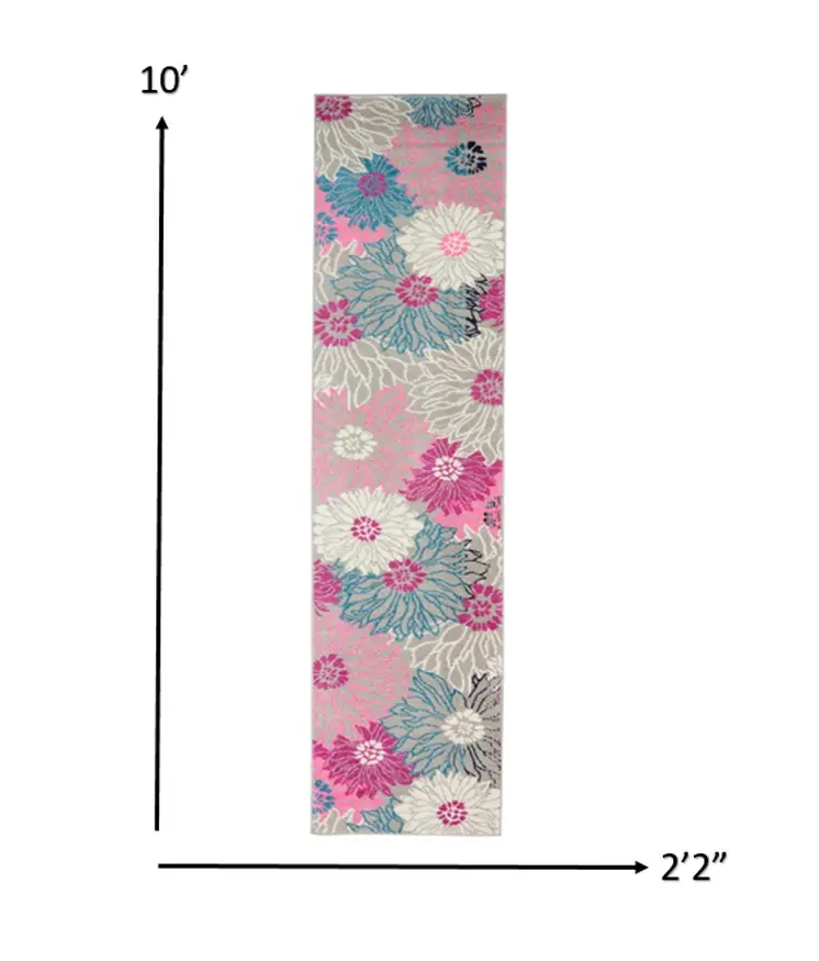 10' Gray And Pink Floral Runner Rug