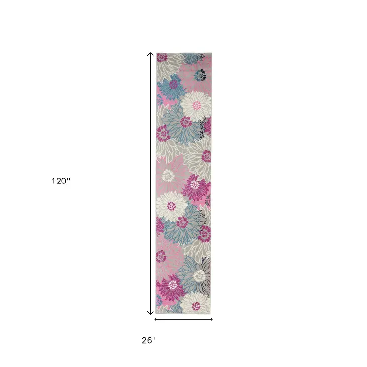 10' Gray And Pink Floral Runner Rug