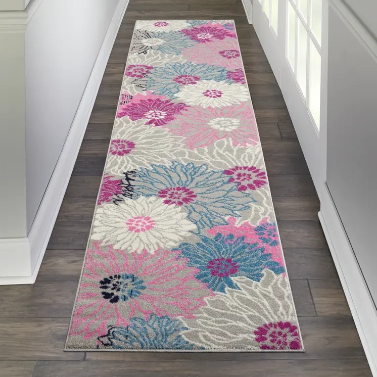 10' Gray And Pink Floral Runner Rug