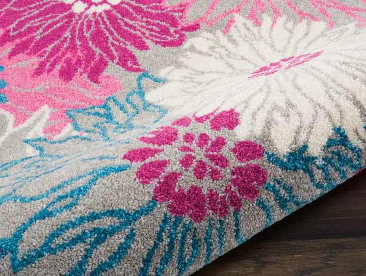 8' Gray And Pink Floral Runner Rug