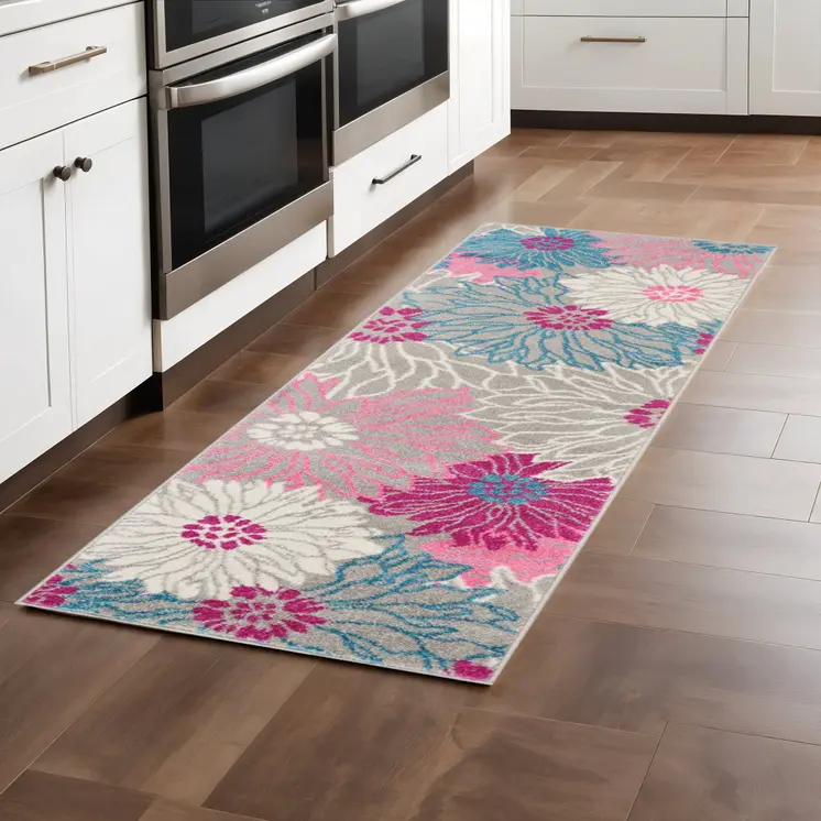 8' Gray And Pink Floral Runner Rug