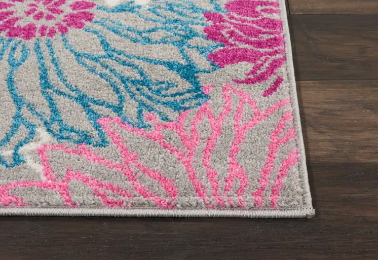 8' Gray And Pink Floral Runner Rug