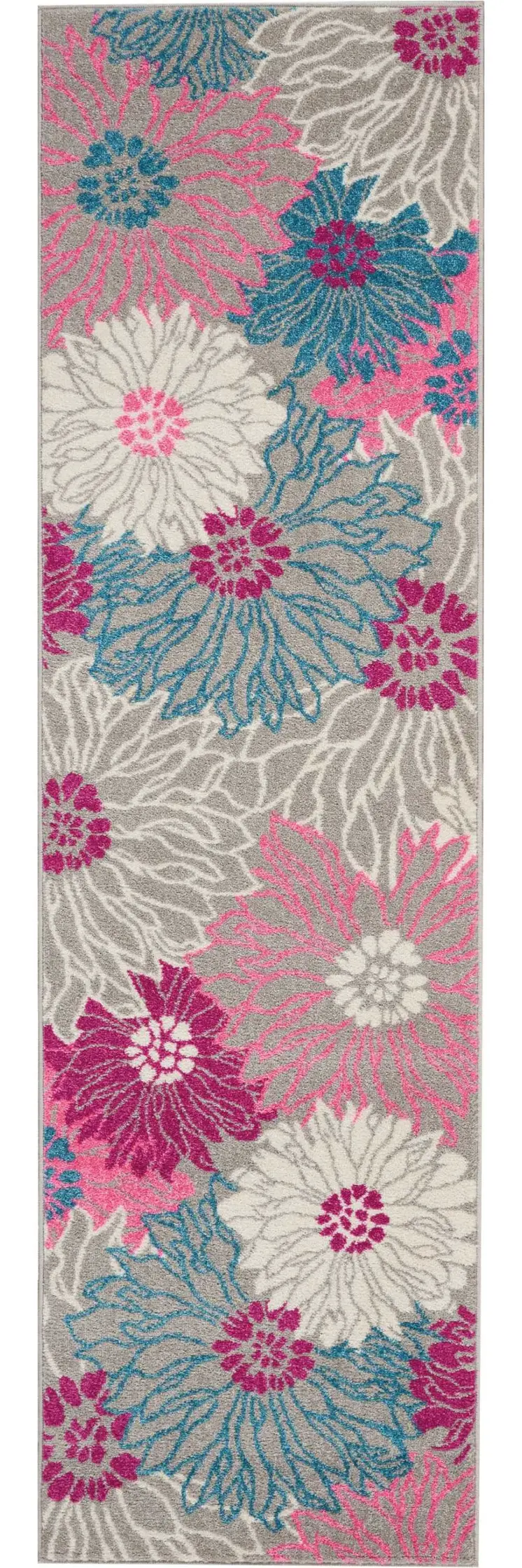 8' Gray And Pink Floral Runner Rug