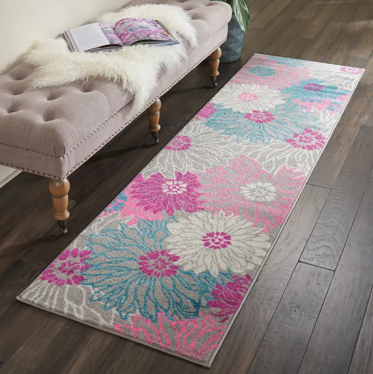8' Gray And Pink Floral Runner Rug