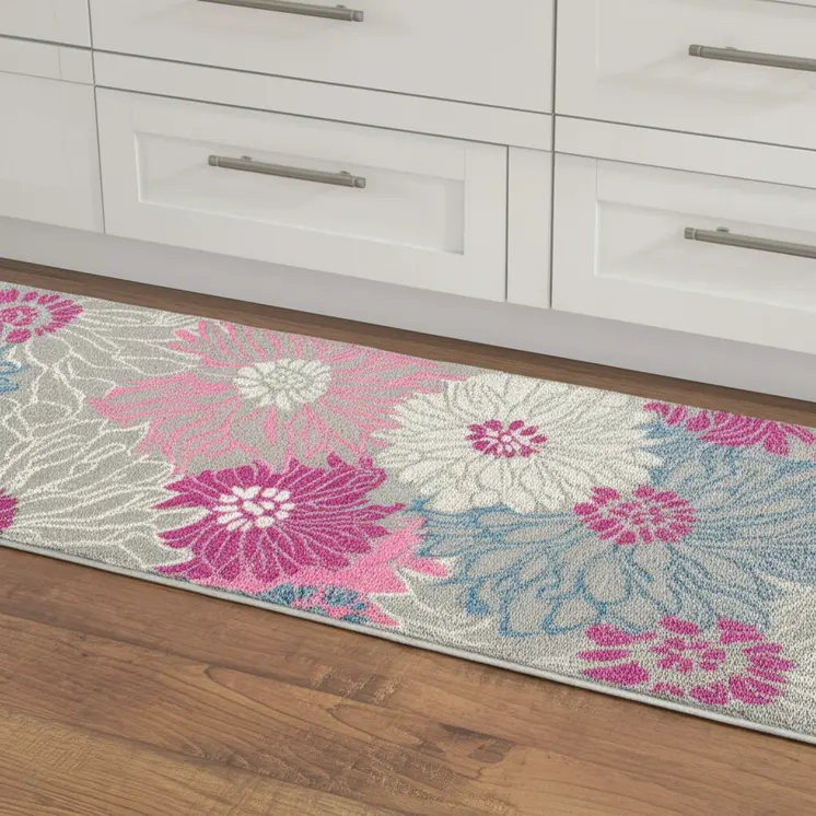 8' Gray And Pink Floral Runner Rug