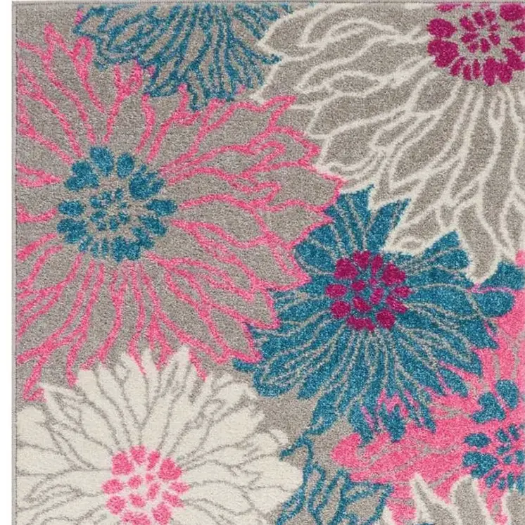 8' Gray And Pink Floral Runner Rug