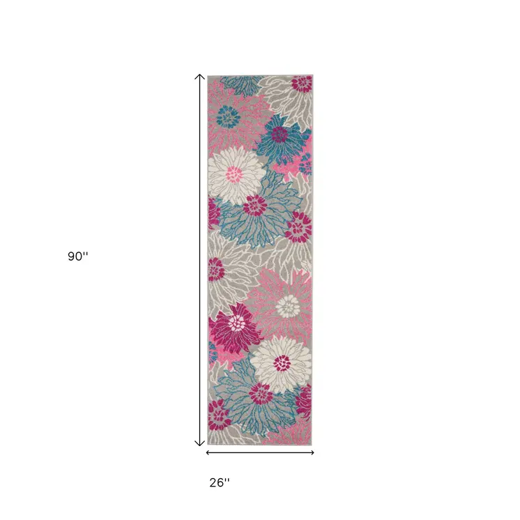 8' Gray And Pink Floral Runner Rug