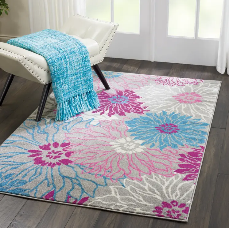 4' X 6' Gray And Pink Floral Area Rug