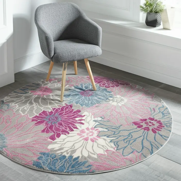 4' Gray And Pink Floral Round Rug