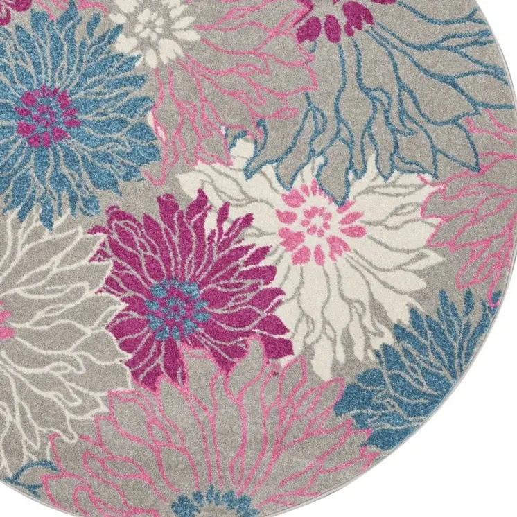 4' Gray And Pink Floral Round Rug