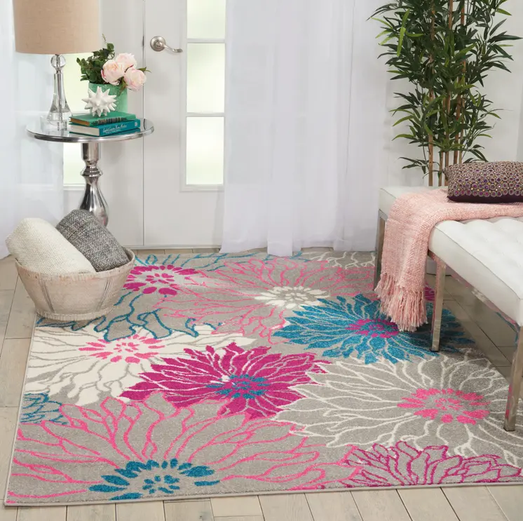 5' X 7' Gray And Pink Floral Area Rug