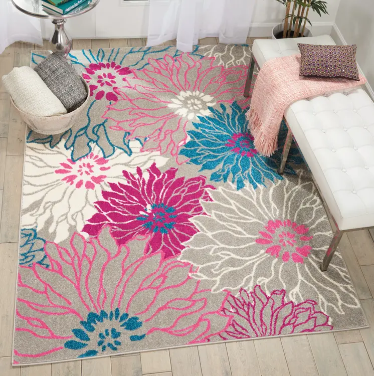 5' X 7' Gray And Pink Floral Area Rug