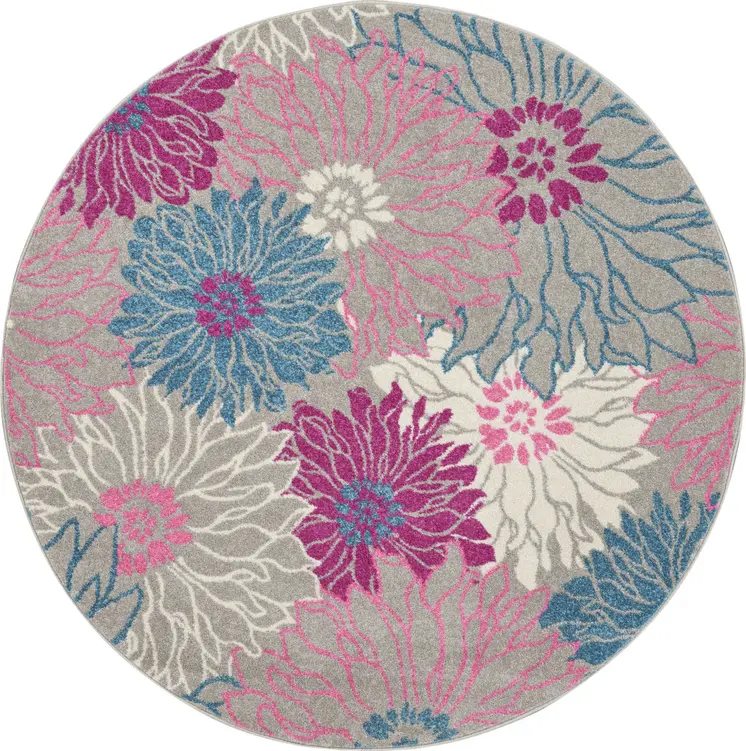 5' Gray And Pink Floral Round Rug