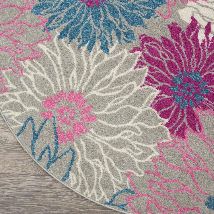 5' Gray And Pink Floral Round Rug