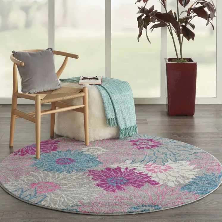5' Gray And Pink Floral Round Rug