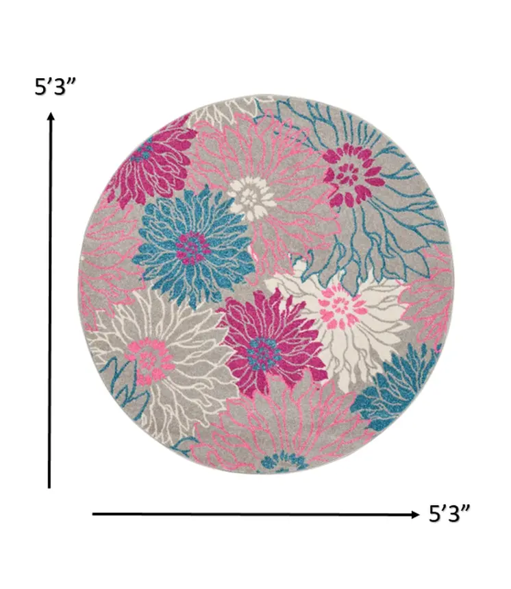 5' Gray And Pink Floral Round Rug