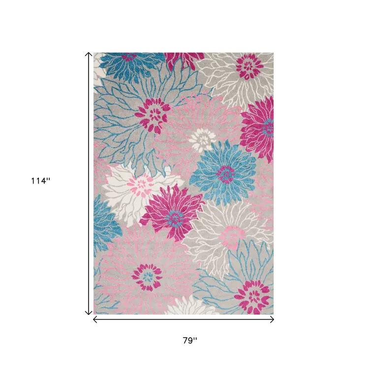 7' X 10' Gray And Pink Floral Area Rug