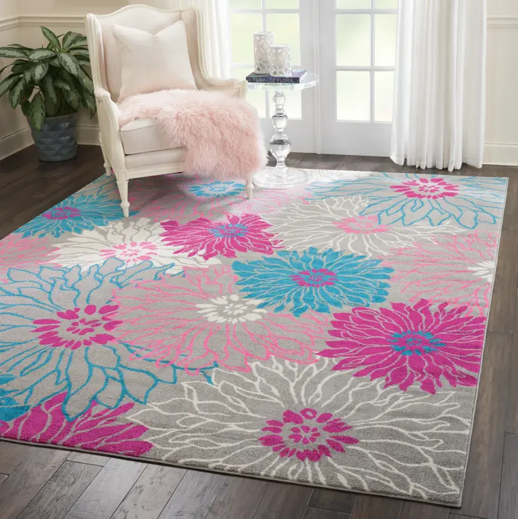 8' X 10' Gray And Pink Floral Area Rug