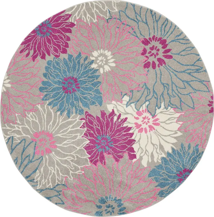8' Gray And Pink Floral Round Rug