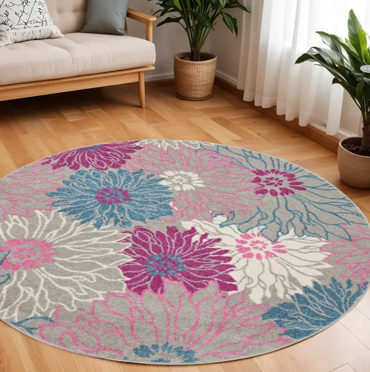 8' Gray And Pink Floral Round Rug