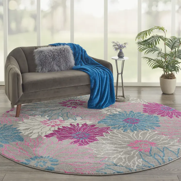 8' Gray And Pink Floral Round Rug