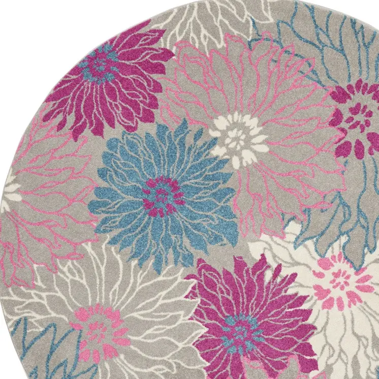 8' Gray And Pink Floral Round Rug