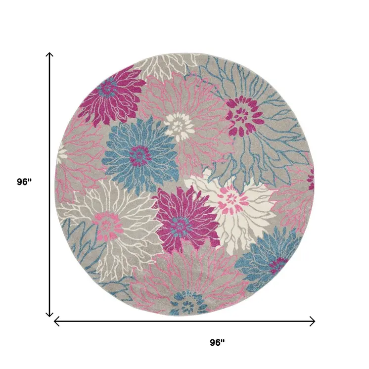 8' Gray And Pink Floral Round Rug