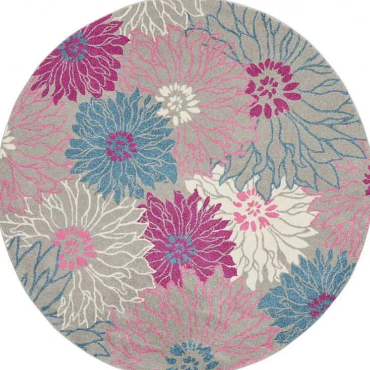 8' Gray And Pink Floral Round Rug