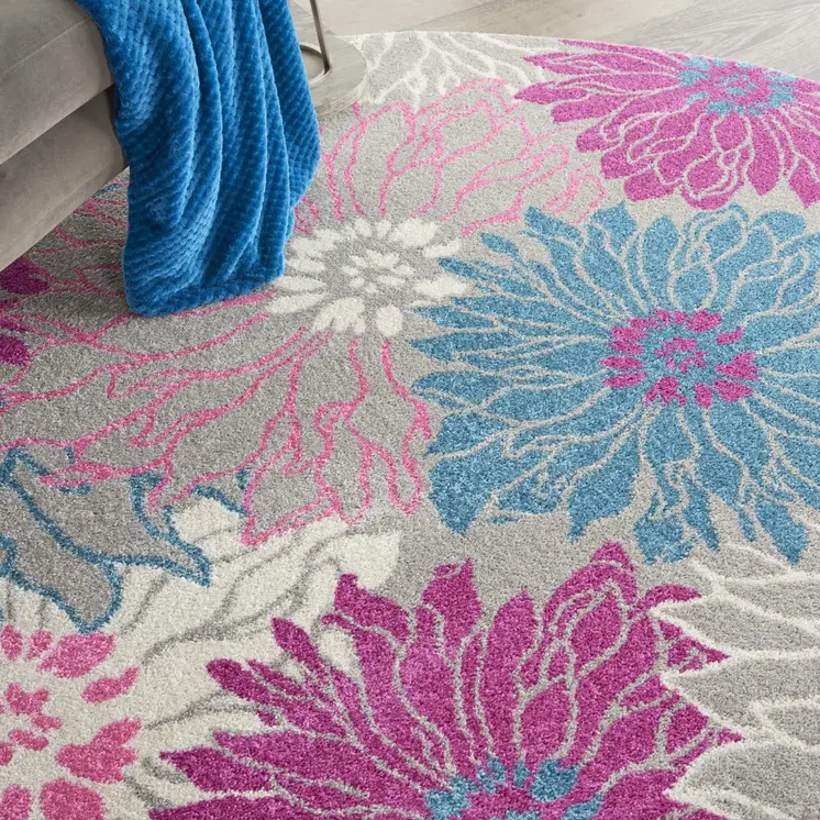 8' Gray And Pink Floral Round Rug