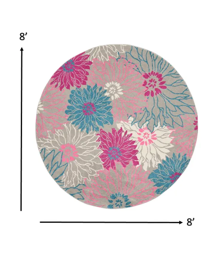 8' Gray And Pink Floral Round Rug