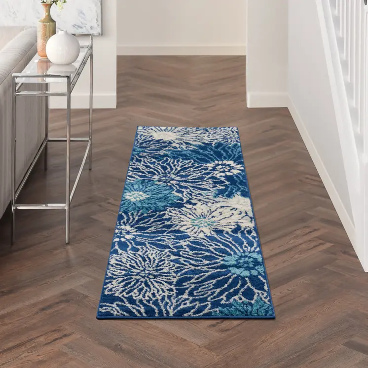 6' Blue And Ivory Floral Runner Rug
