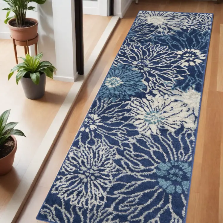 6' Blue And Ivory Floral Runner Rug