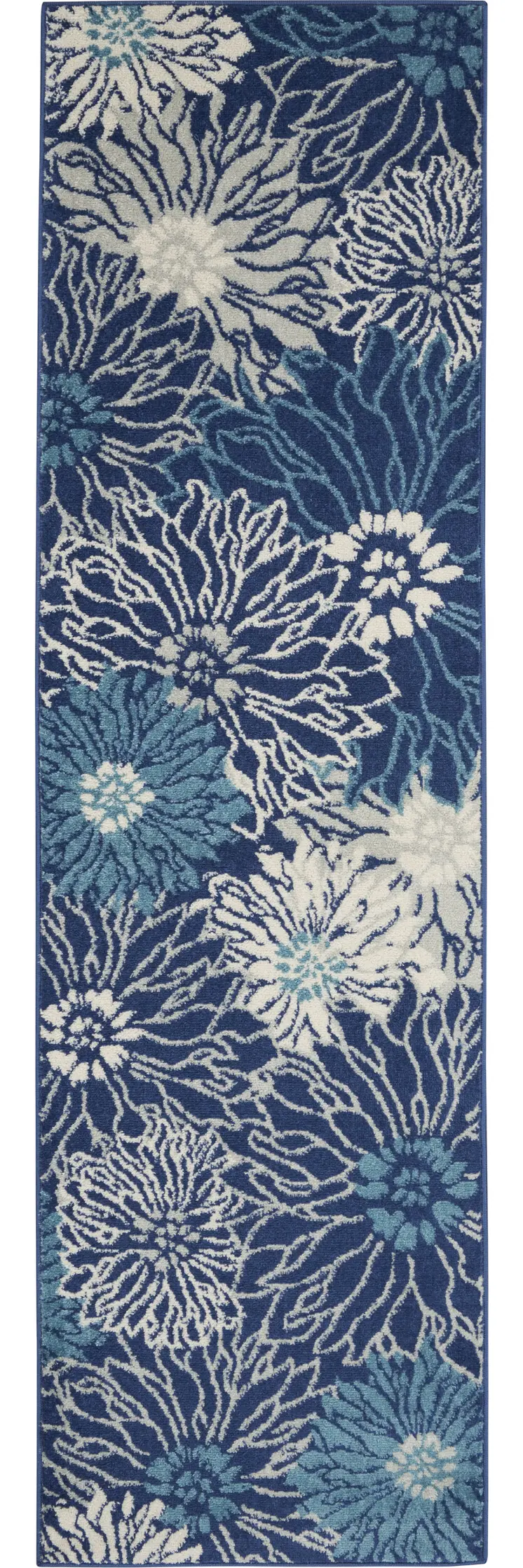 8' Blue And Ivory Floral Runner Rug