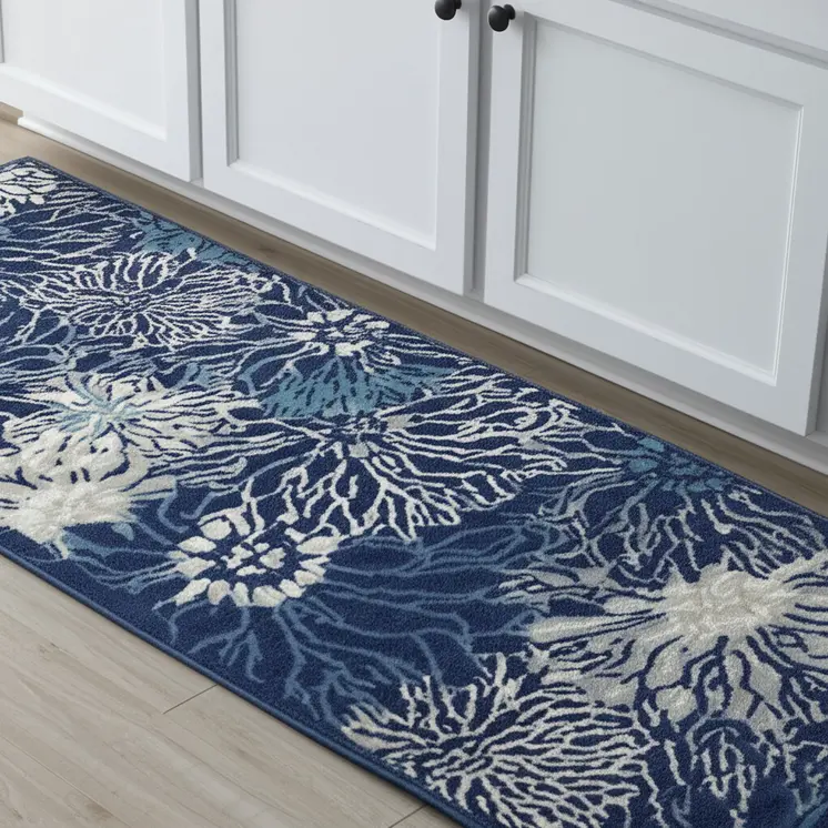 8' Blue And Ivory Floral Runner Rug