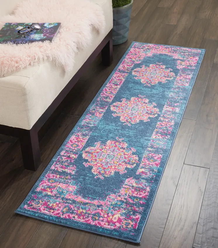 6' Blue And Pink Medallion Distressed Runner Rug