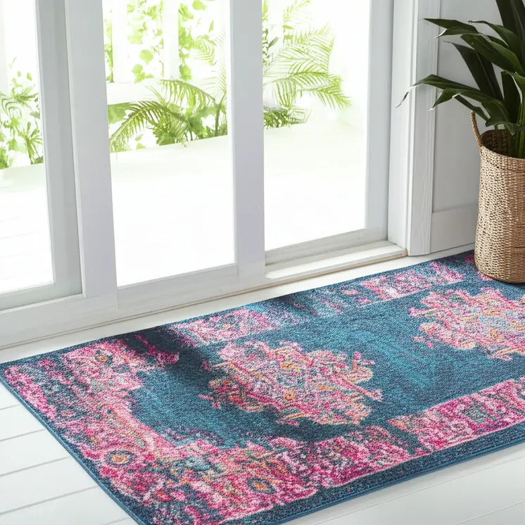 6' Blue And Pink Medallion Distressed Runner Rug