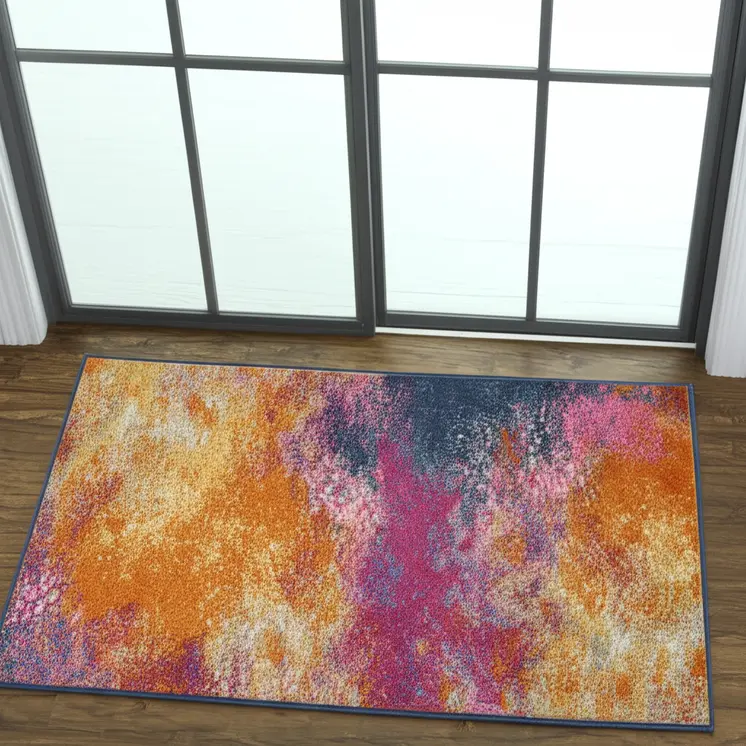 6' Blue And Orange Abstract Runner Rug