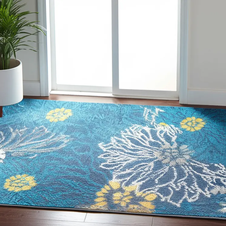6' Blue And Gold Floral Runner Rug