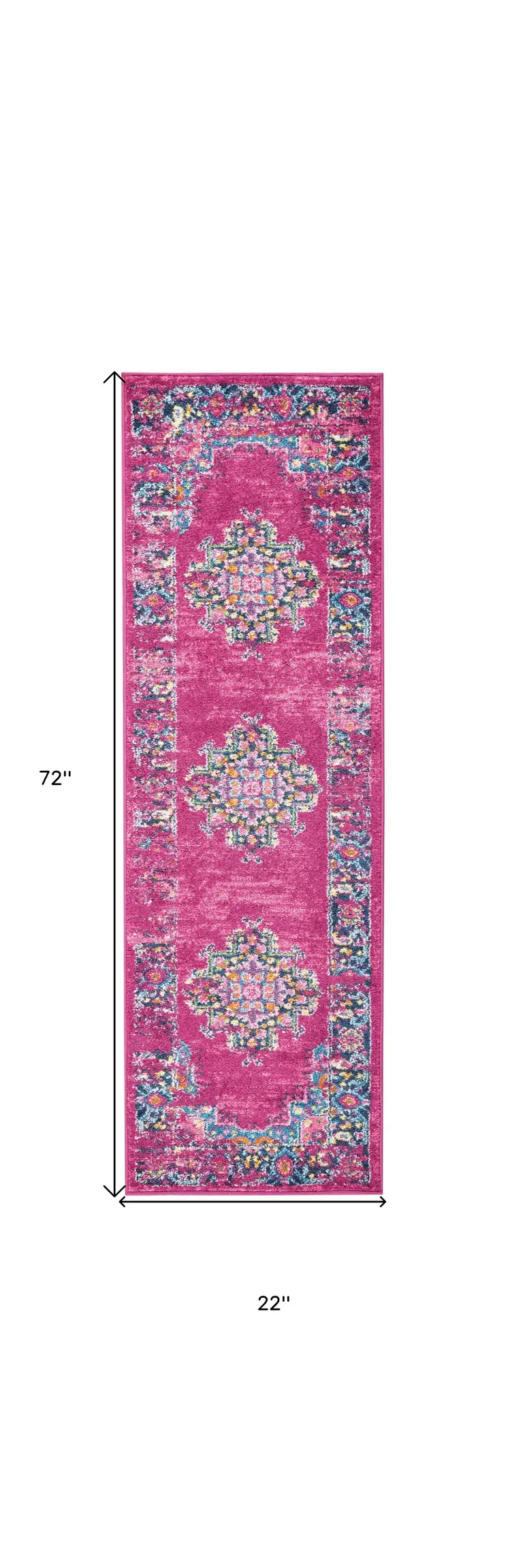 6' Fuchsia And Blue Oriental Distressed Runner Rug