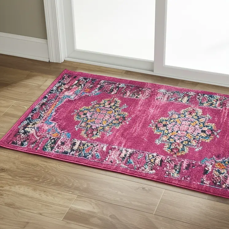 6' Fuchsia And Blue Oriental Distressed Runner Rug