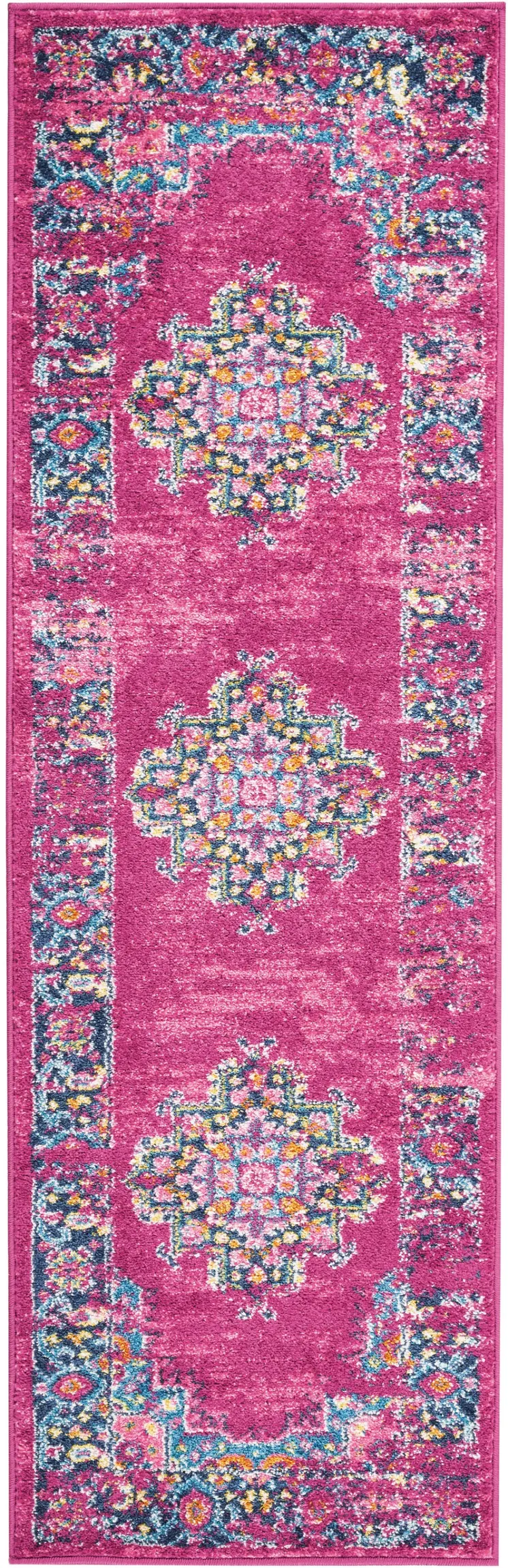 6' Fuchsia And Blue Oriental Distressed Runner Rug