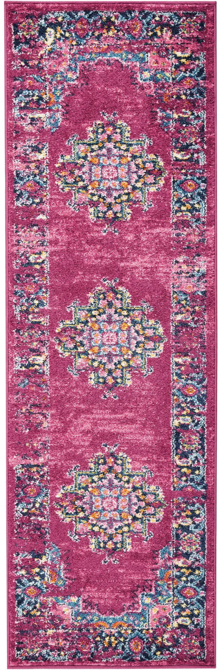 6' Fuchsia And Blue Oriental Distressed Runner Rug